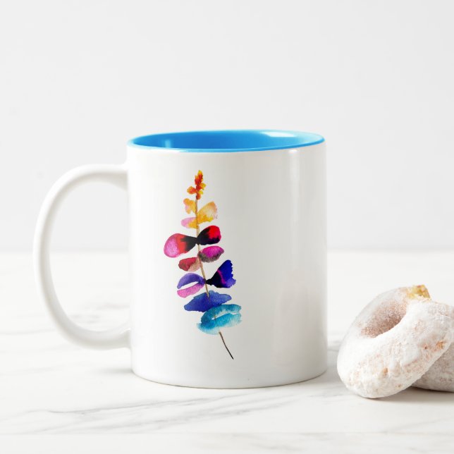 Cute colorful leaves watercolor Two-Tone coffee mug (With Donut)