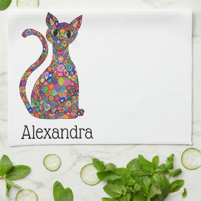 Cute Colorful Millefiori Cat Monogram Name Tea Towel (Folded)