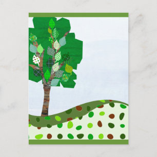 Cute Colorful  Patchwork Tree and Green Hills Postcard