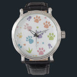Cute Colorful Paw Prints Pattern Wrist Watch<br><div class="desc">Add a playful and adorable touch to your everyday style with this cute colorful paw prints pattern wrist watch. Featuring soft pastel paw prints on a stylish dark background, this watch is perfect for dog lovers, pet owners, and animal enthusiasts. A fun and unique accessory that combines charm and personality,...</div>