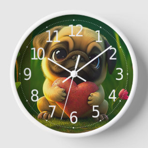 Cute Colorful Pug Dog Puppy Holding a Heart   Clock