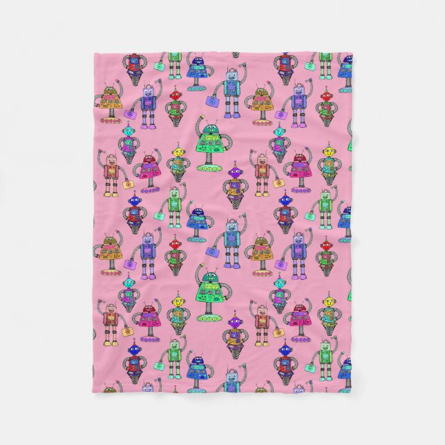 Cute colorful robots on pink background fleece blanket (Front)