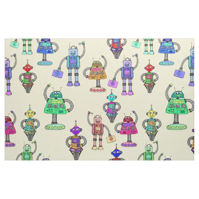 Cute colorful robots on yellow background fabric (Fat Quarter)