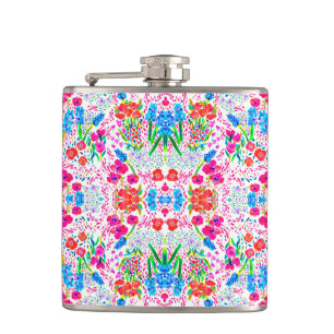 Cute colorful watercolor flowers pattern hip flask