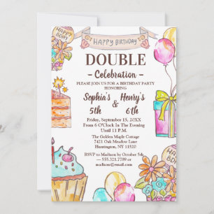 Cute Colorful Watercolor Kids Joint Birthday Invitation