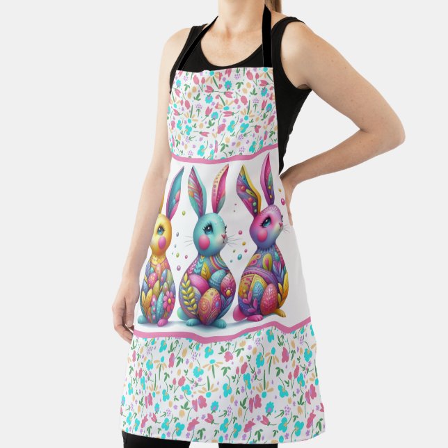 Cute, colourful 3 Easter bunny Apron (Insitu)