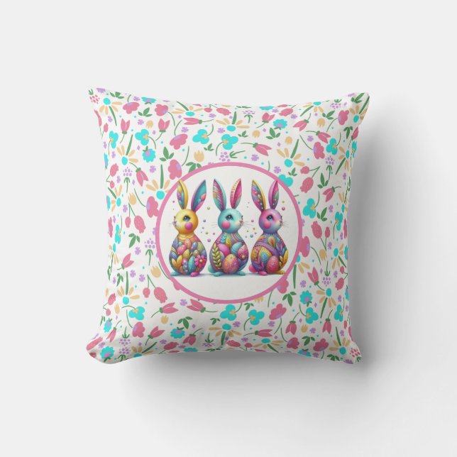 Cute, colourful 3 Easter bunny Cushion (Front)