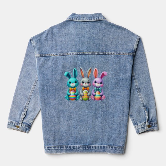 Cute, colourful 3 Easter bunny Denim Jacket (Back)