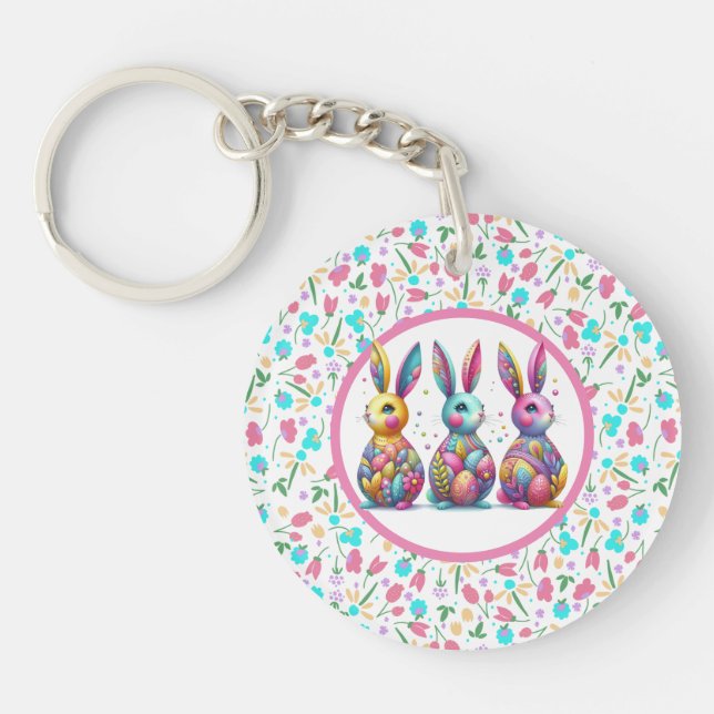 Cute, colourful 3 Easter bunny Key Ring (Front)