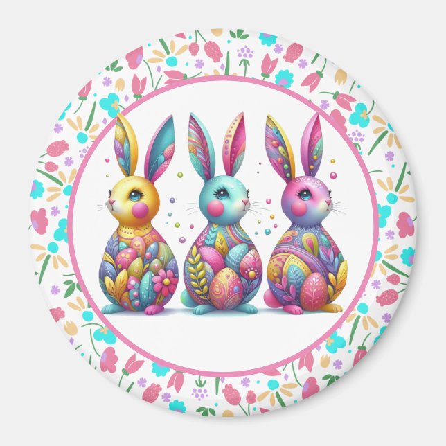 Cute, colourful 3 Easter bunny Magnet (Front)