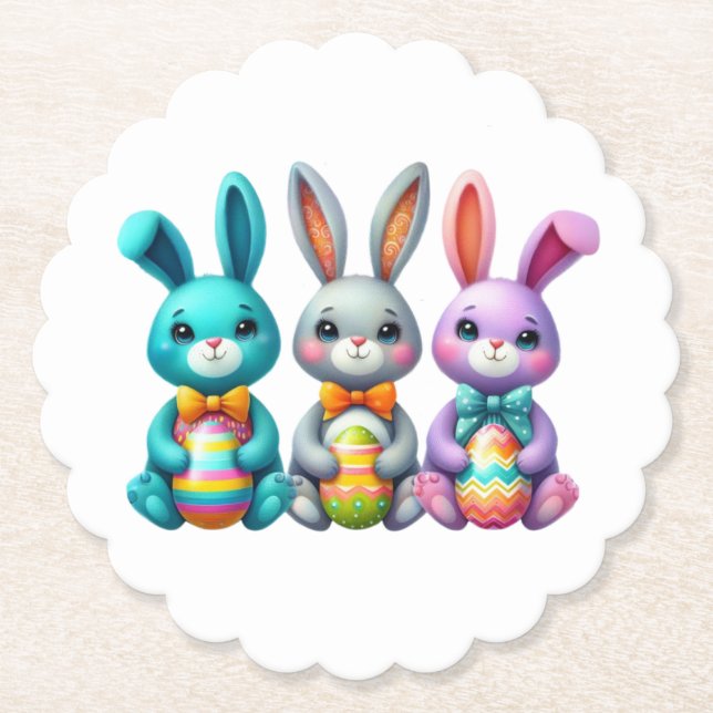 Cute, colourful 3 Easter bunny Paper Coaster (Front)