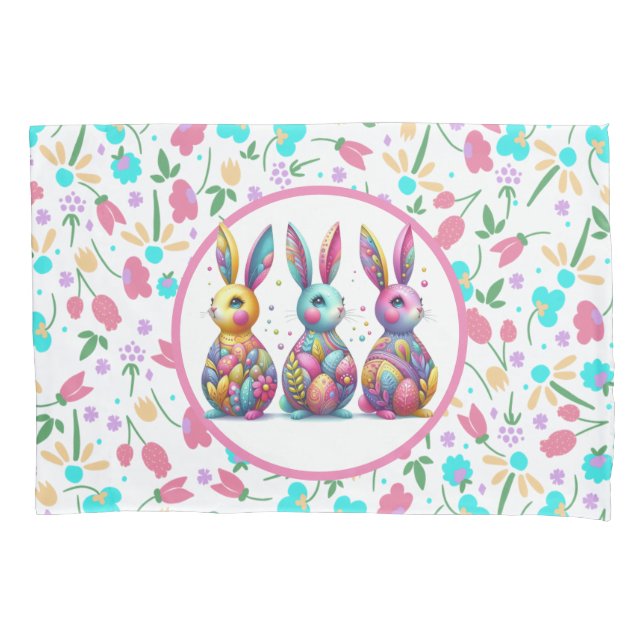Cute, colourful 3 Easter bunny Pillowcase (Front)