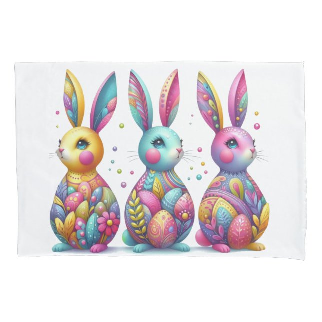 Cute, colourful 3 Easter bunny Pillowcase (Front)