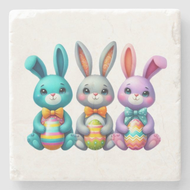 Cute, colourful 3 Easter bunny Stone Coaster (Front)