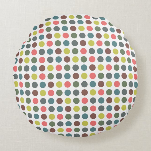 Cute colourful 70s pattern with polka dots round cushion (Front)