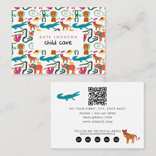 Cute Colourful Abstract Animals Childcare Business Card (Front/Back)