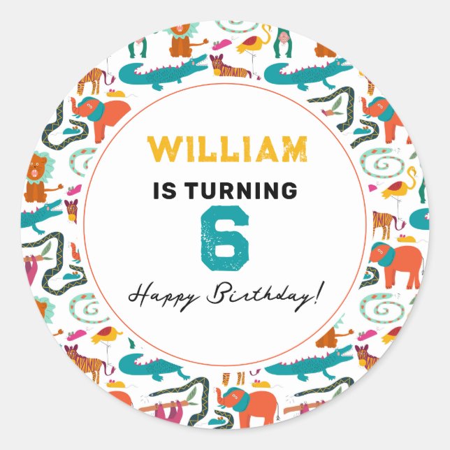 Cute Colourful Abstract Animals Kids Birthday Part Classic Round Sticker (Front)