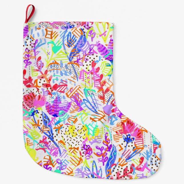 Cute colourful abstract flowers patterns large christmas stocking (Front)