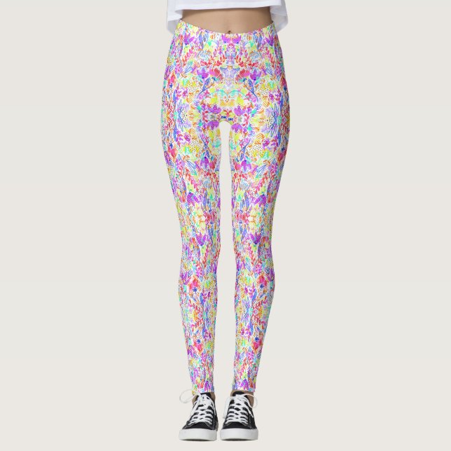 Cute colourful abstract flowers patterns leggings (Front)