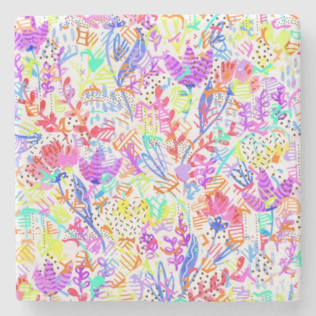 Cute colourful abstract flowers patterns stone coaster (Front)