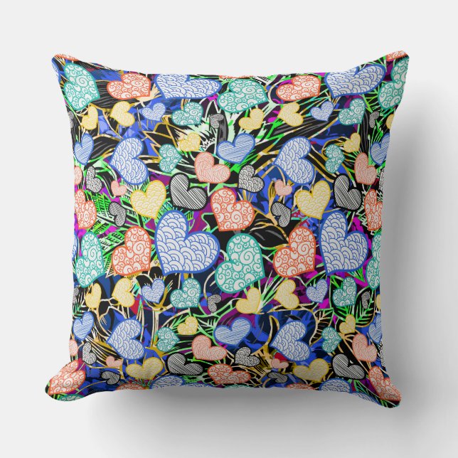 Cute colourful abstract hearts patterns cushion (Front)