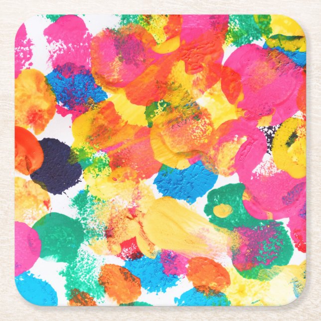 Cute colourful abstract painting square paper coaster (Front)