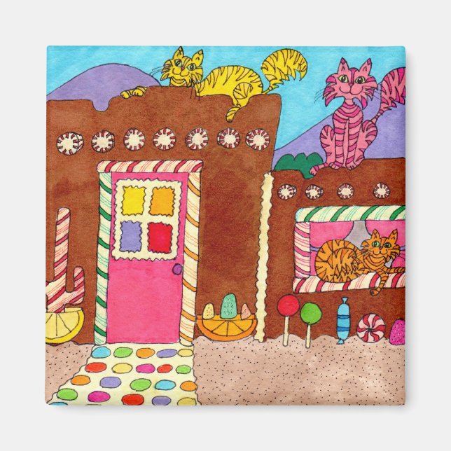 Cute Colourful Adobe Gingerbread House Cats Fridge Magnet (Front)