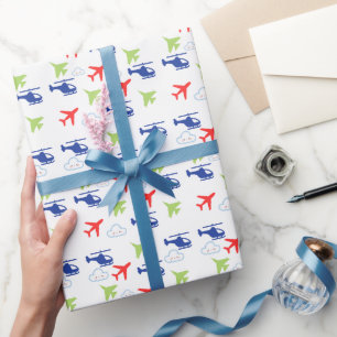 Cute Colourful Aeroplane & Clouds, Aviator Birthda Wrapping Paper
