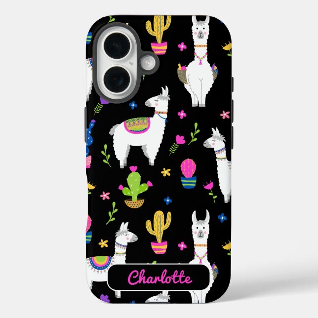 Cute Colourful Alpaca Cactus Custom Name Black Case-Mate iPhone Case (Back)