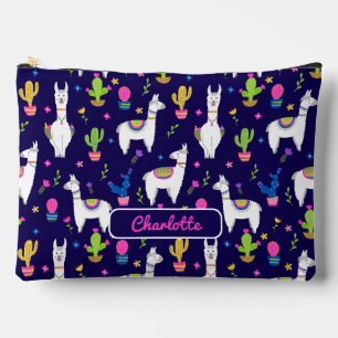 Cute Colourful Alpaca Cactus Custom Name Dark Blue Accessory Pouch