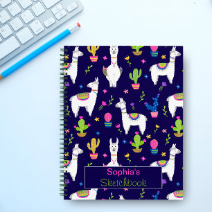 Cute Colourful Alpaca Cactus Custom Name Dark Blue Notebook