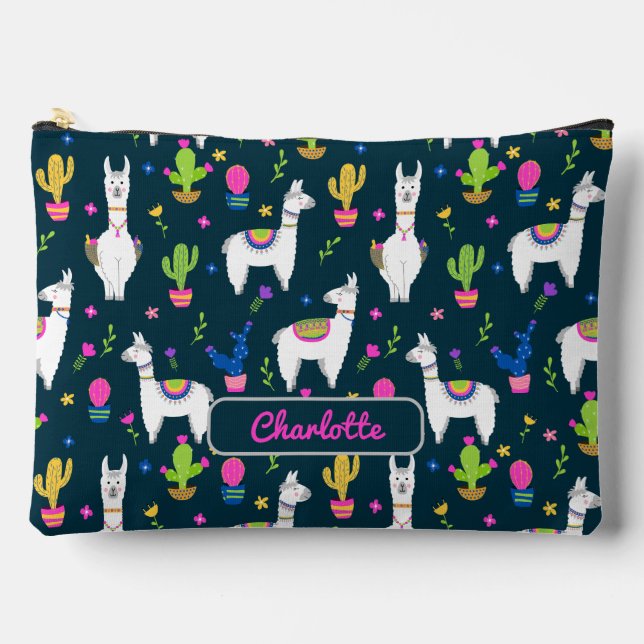 Cute Colourful Alpaca Cactus Personalised Name  Accessory Pouch (Front)