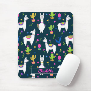 Cute Colourful Alpaca Cactus Personalised Name Mouse Pad