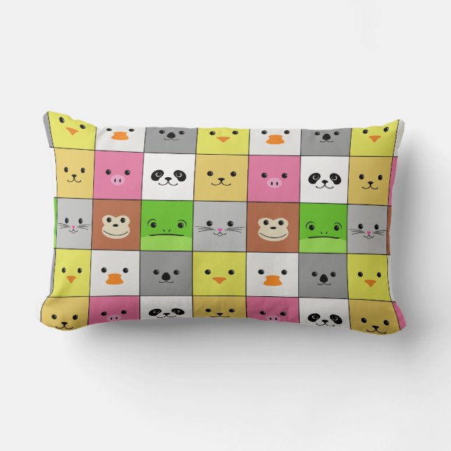 Cute Colourful Animal Face Squares Pattern Design Lumbar Cushion (Front)