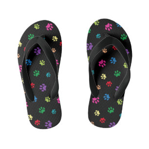 Cute Colourful Animal Paw Prints on Black Kid's Thongs