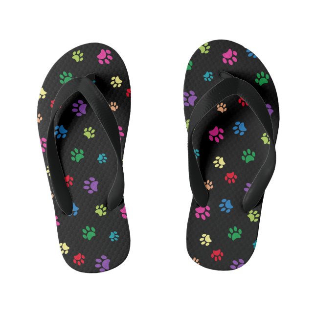 Cute Colourful Animal Paw Prints on Black Kid's Thongs (Footbed)