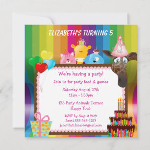 Cute & Colourful Animals Girls Birthday Party Invitation