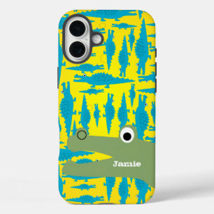 Cute Colourful Aqua and Yellow Alligator Pattern iPhone 16 Plus Case