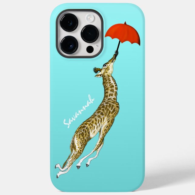Cute Colourful Aqua Flying Giraffe Red Umbrella Case-Mate iPhone Case (Back)