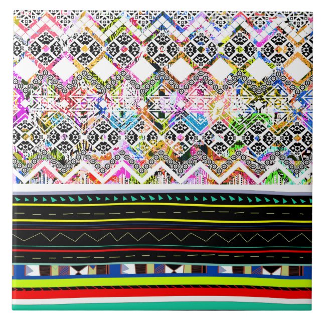 Cute colourful aztec tribal patterns ceramic tile (Front)