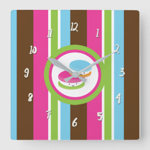 Cute Colourful Bakery Macaroons Fun Stripes Square Wall Clock
