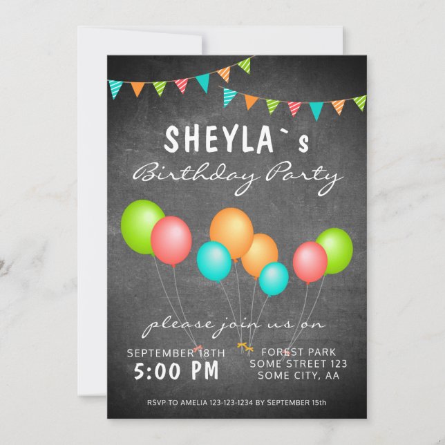 Cute Colourful Balloon Chalkboard Birthday Party Invitation (Front)