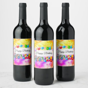 Cute, Colourful Balloons, Fireworks, Birthday Wine Label