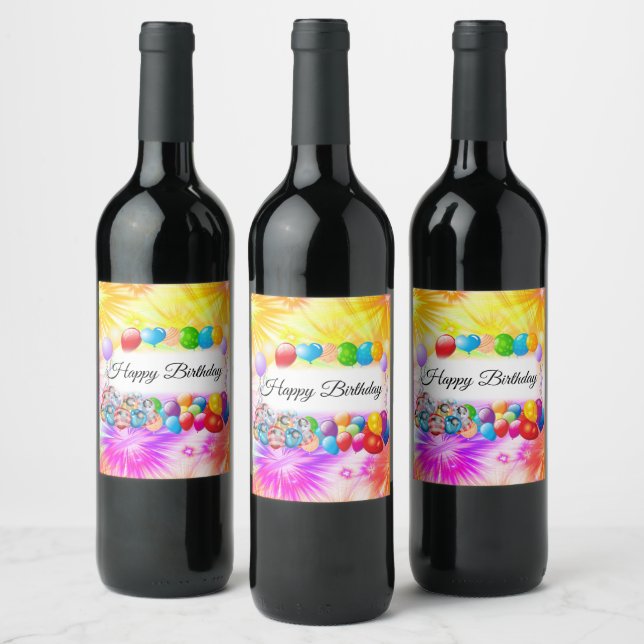 Cute, Colourful Balloons, Fireworks, Birthday Wine Label (Bottles)