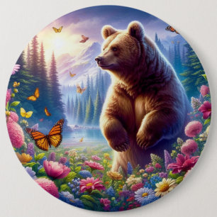 Cute, colourful bear & butterflies 6 cm round badge