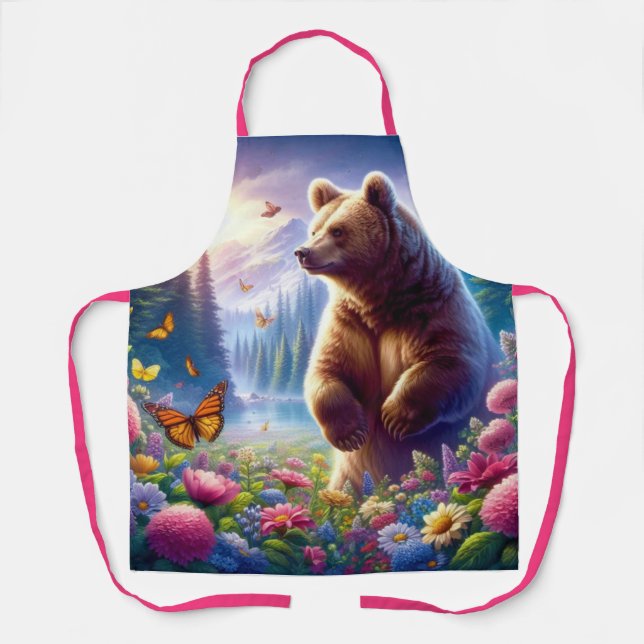 Cute, colourful bear & butterflies apron (Front)