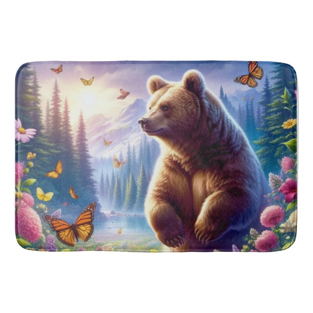 Cute, colourful bear & butterflies bath mat (Front)