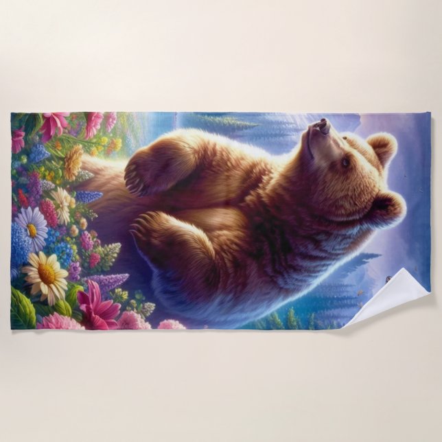 Cute, colourful bear & butterflies beach towel (Front)
