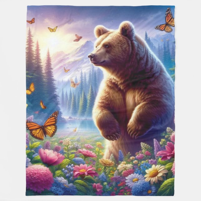 Cute, colourful bear & butterflies fleece blanket (Front)