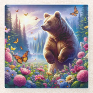 Cute, colourful bear & butterflies glass coaster